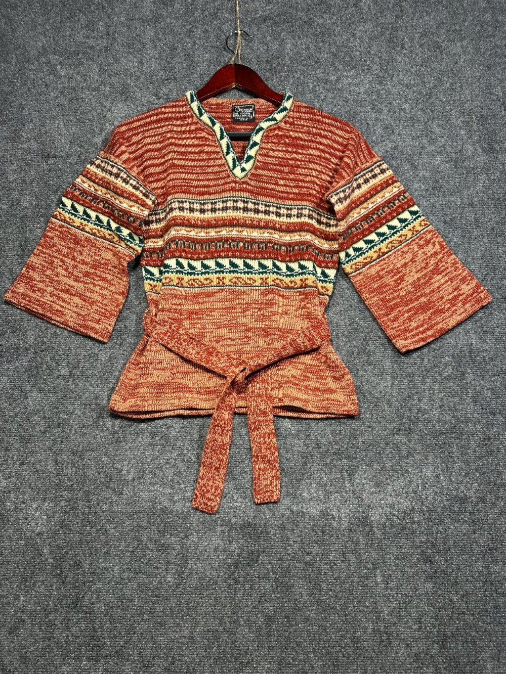 Bronson Sweater Womens Medium Fair Isle Pullover V Neck Tie Belt  Flare Sleeve